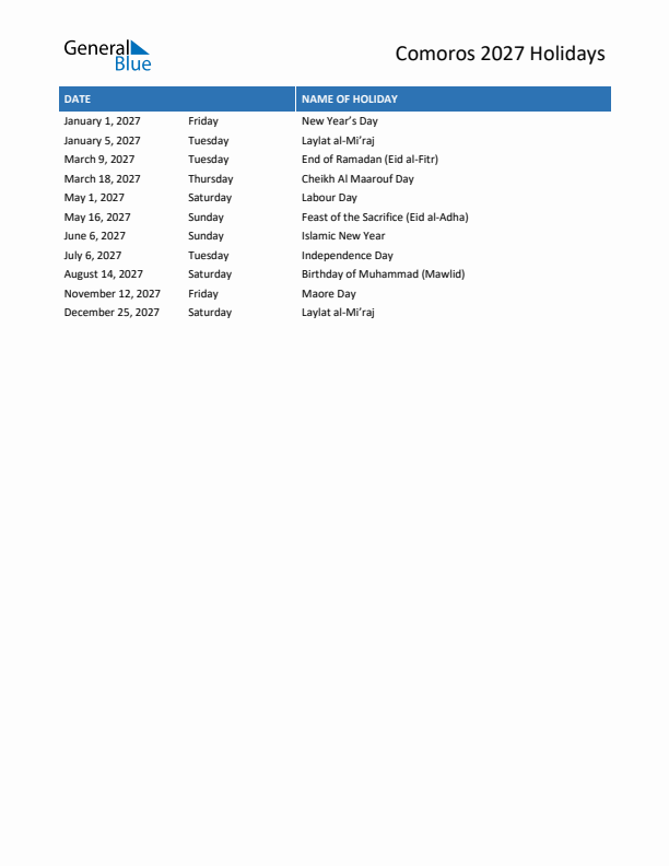 Free printable list of Comoros holidays for year 2027