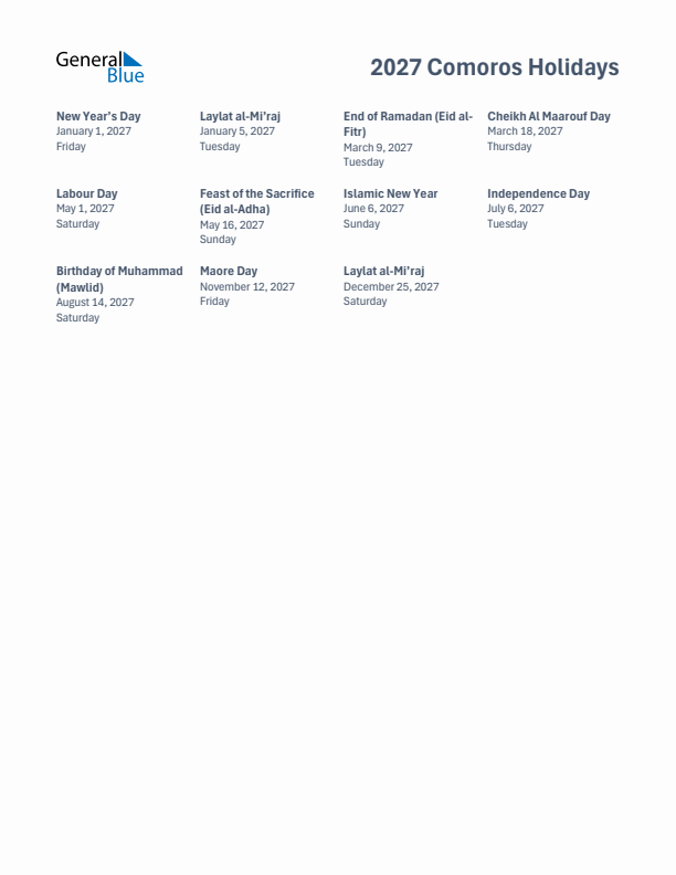 Free printable list of Comoros holidays for year 2027