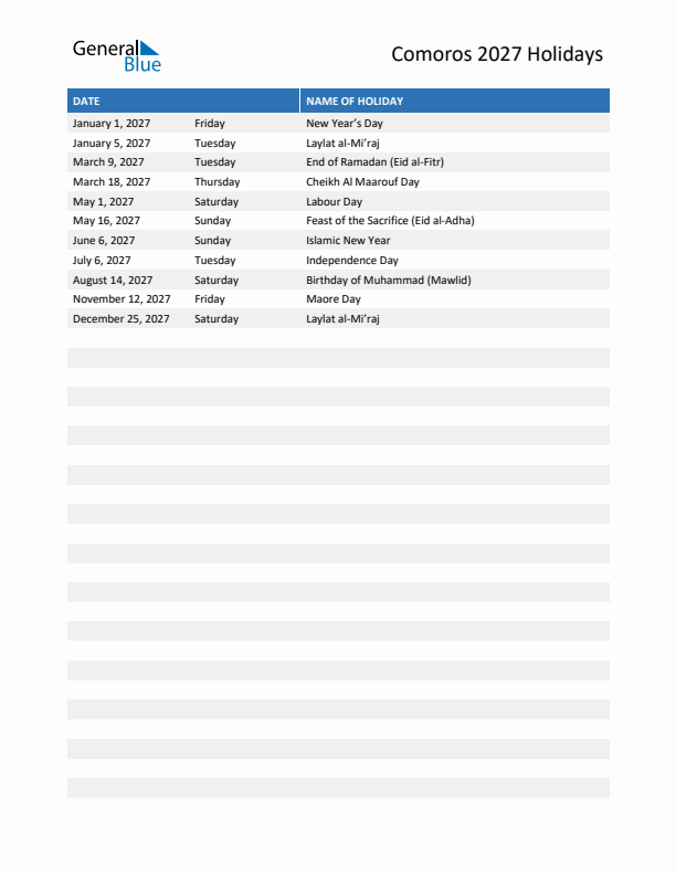 Free printable list of Comoros holidays for year 2027