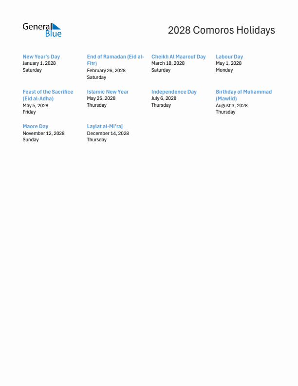 Free printable list of Comoros holidays for year 2028