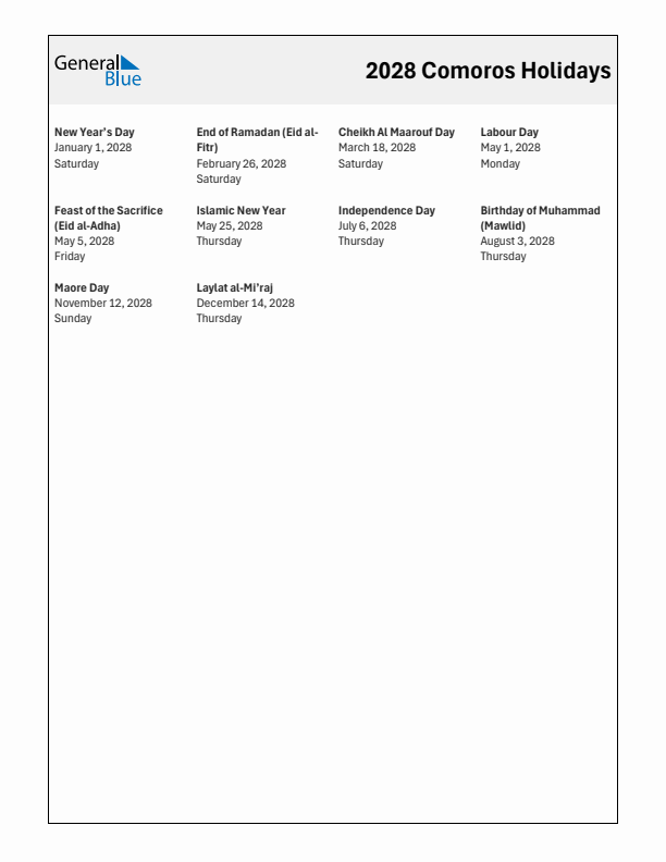 Free printable list of Comoros holidays for year 2028