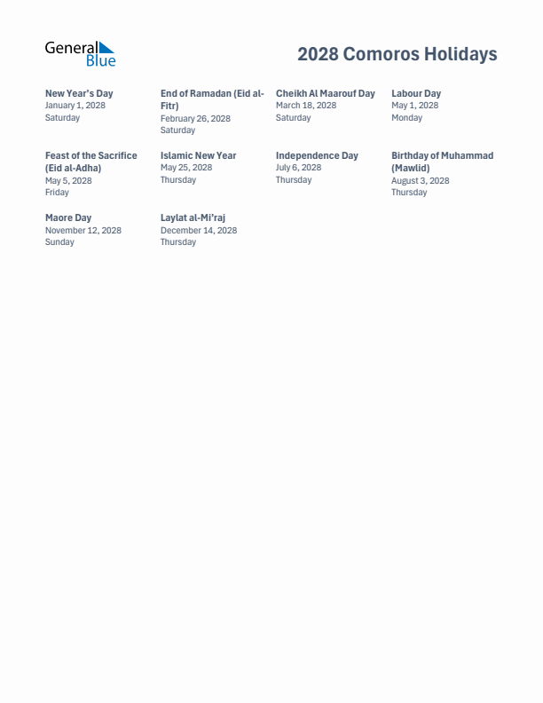 Free printable list of Comoros holidays for year 2028