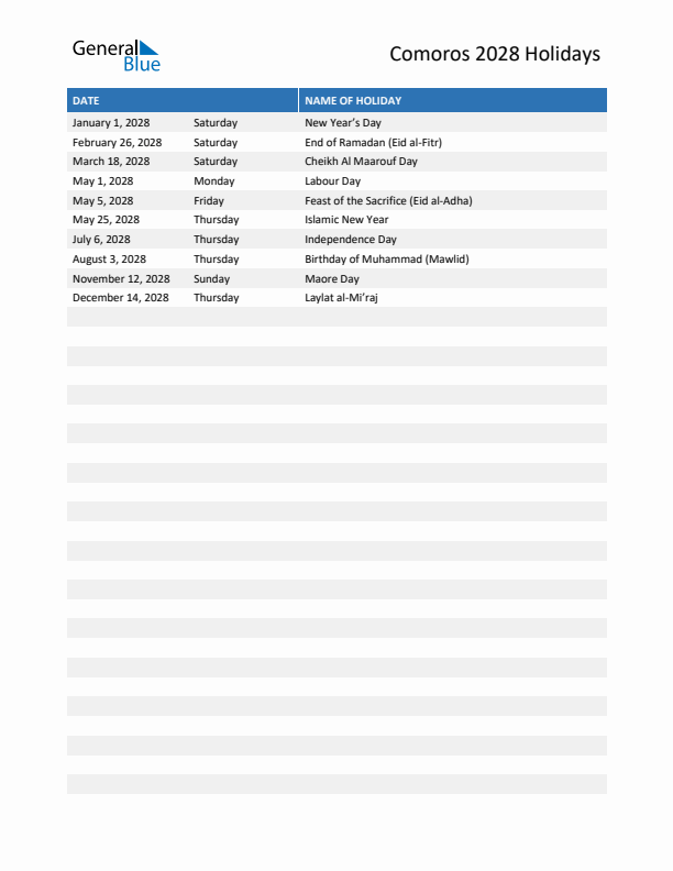 Free printable list of Comoros holidays for year 2028