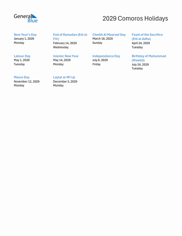 Free printable list of Comoros holidays for year 2029