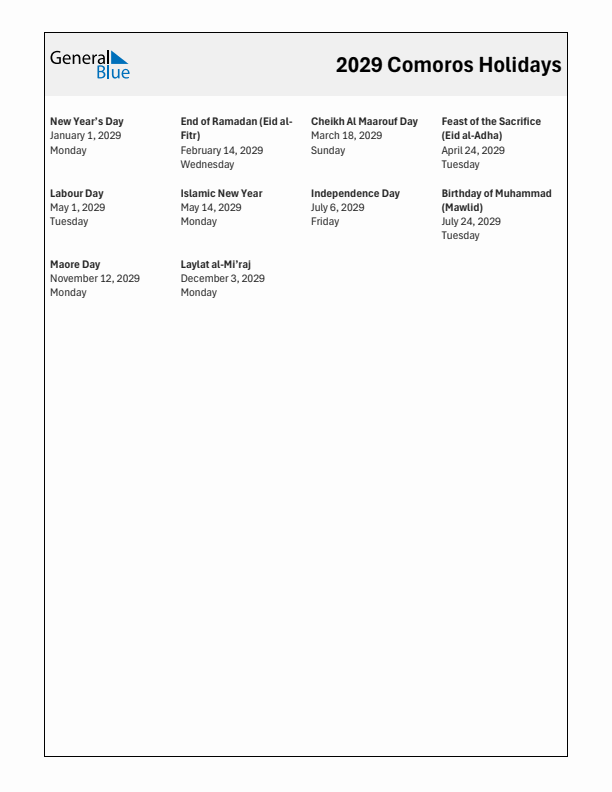 Free printable list of Comoros holidays for year 2029