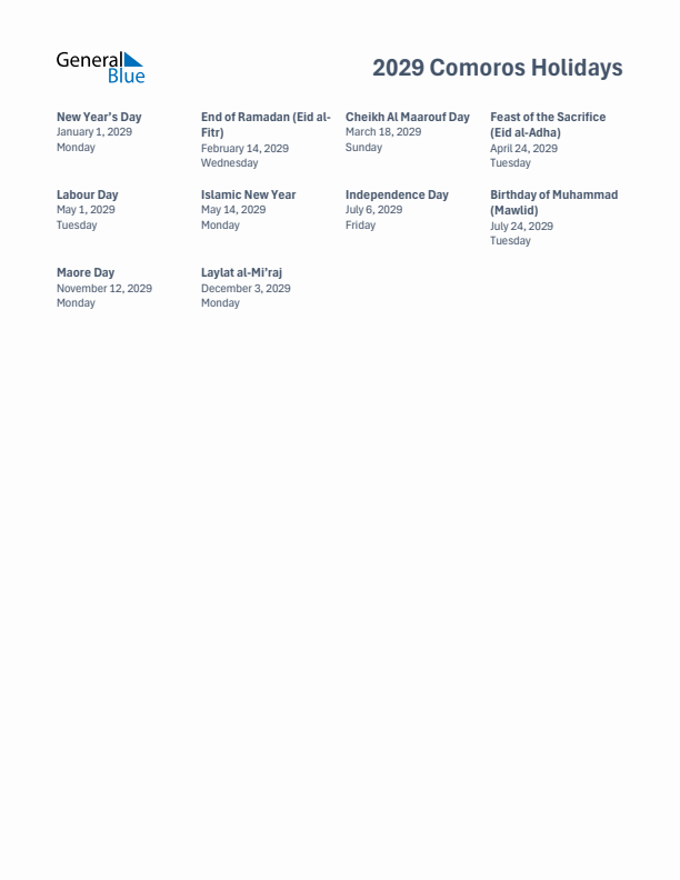 Free printable list of Comoros holidays for year 2029
