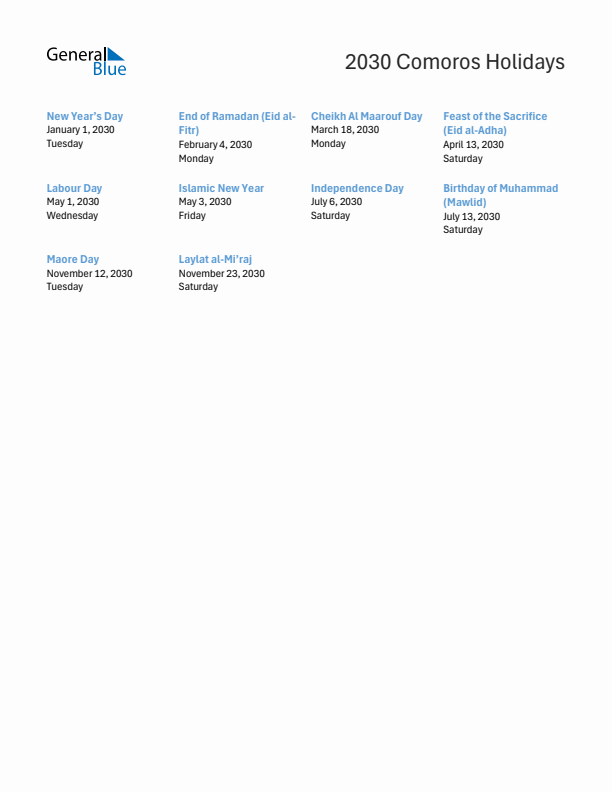 Free printable list of Comoros holidays for year 2030