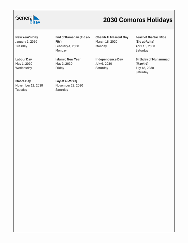 Free printable list of Comoros holidays for year 2030