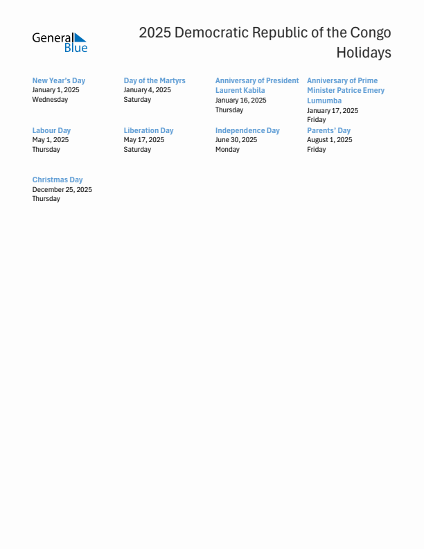 Free printable list of Democratic Republic of the Congo holidays for year 2025