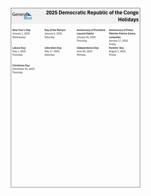 Free printable list of Democratic Republic of the Congo holidays for year 2025