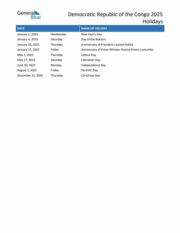 Free printable list of Democratic Republic of the Congo holidays for year 2025