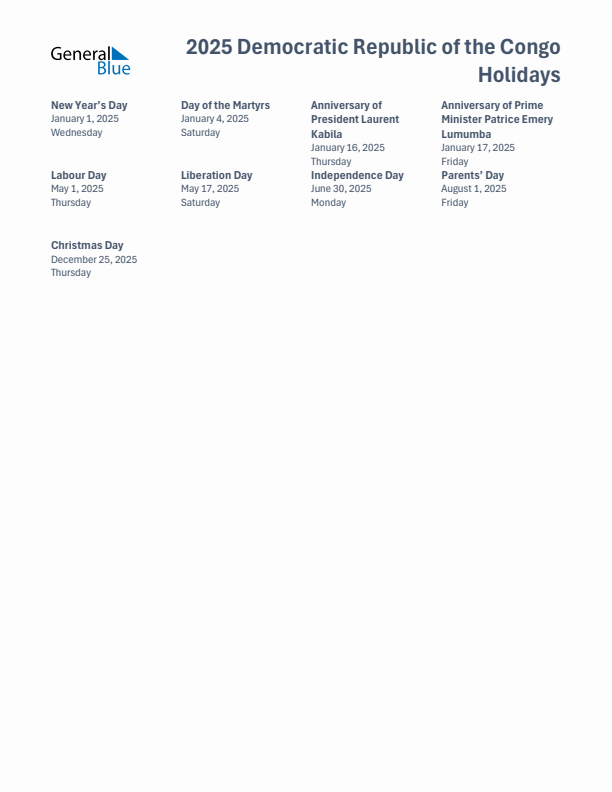 Free printable list of Democratic Republic of the Congo holidays for year 2025