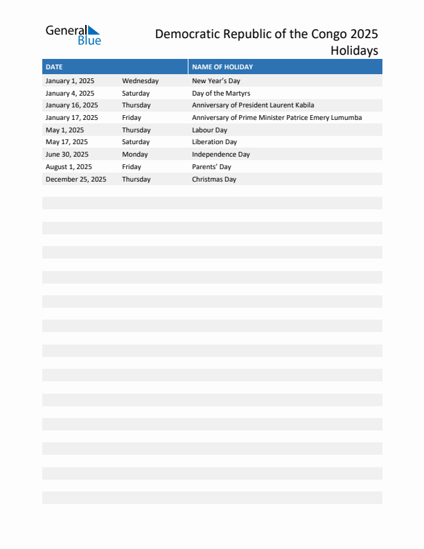 Free printable list of Democratic Republic of the Congo holidays for year 2025