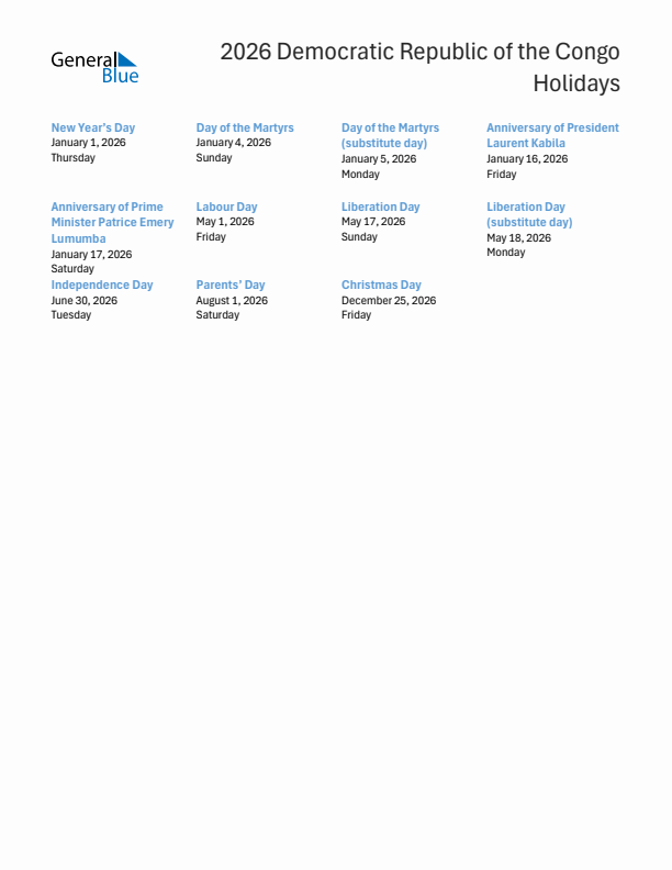 Free printable list of Democratic Republic of the Congo holidays for year 2026