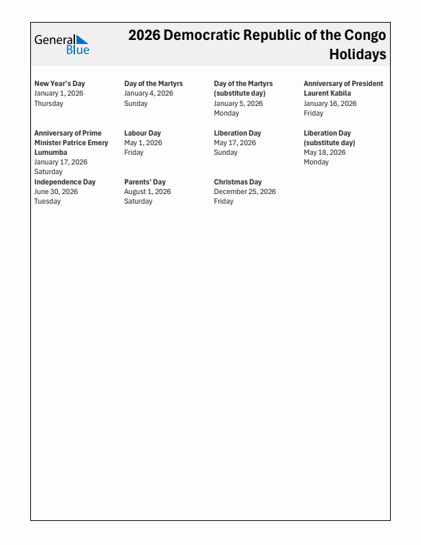 Free printable list of Democratic Republic of the Congo holidays for year 2026