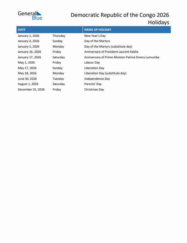 Free printable list of Democratic Republic of the Congo holidays for year 2026