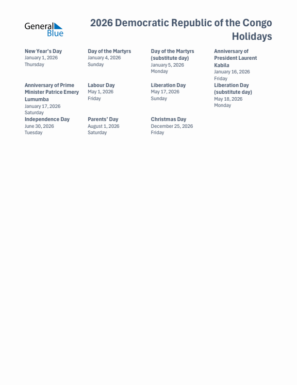 Free printable list of Democratic Republic of the Congo holidays for year 2026