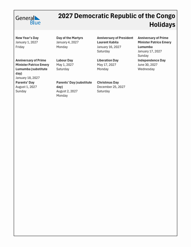 Free printable list of Democratic Republic of the Congo holidays for year 2027
