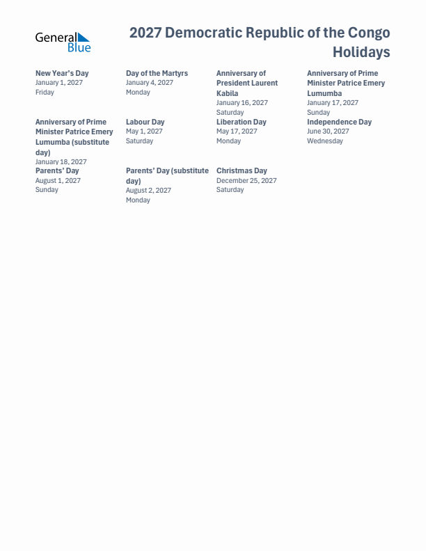 Free printable list of Democratic Republic of the Congo holidays for year 2027
