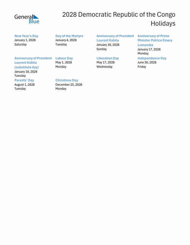 Free printable list of Democratic Republic of the Congo holidays for year 2028