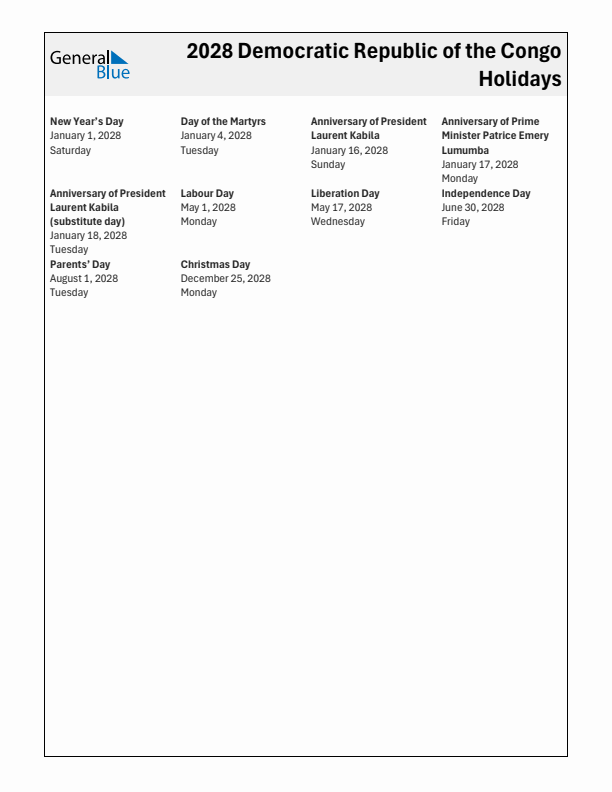 Free printable list of Democratic Republic of the Congo holidays for year 2028