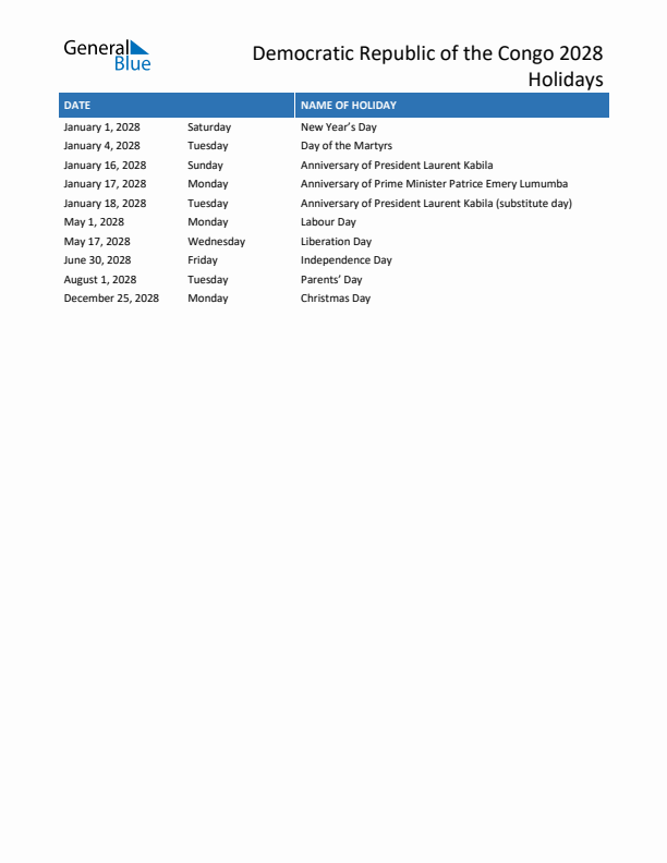 Free printable list of Democratic Republic of the Congo holidays for year 2028