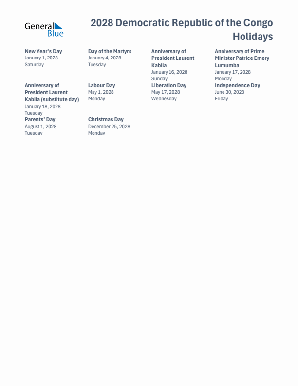 Free printable list of Democratic Republic of the Congo holidays for year 2028