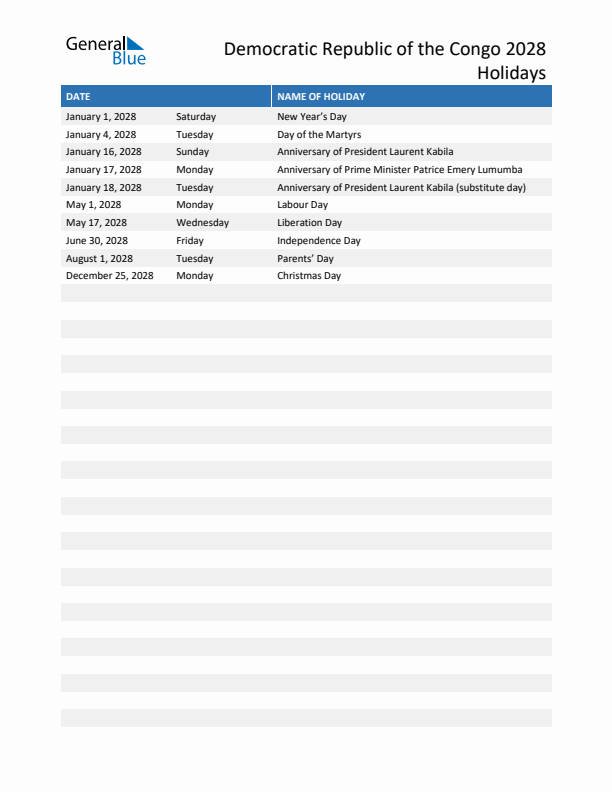 Free printable list of Democratic Republic of the Congo holidays for year 2028