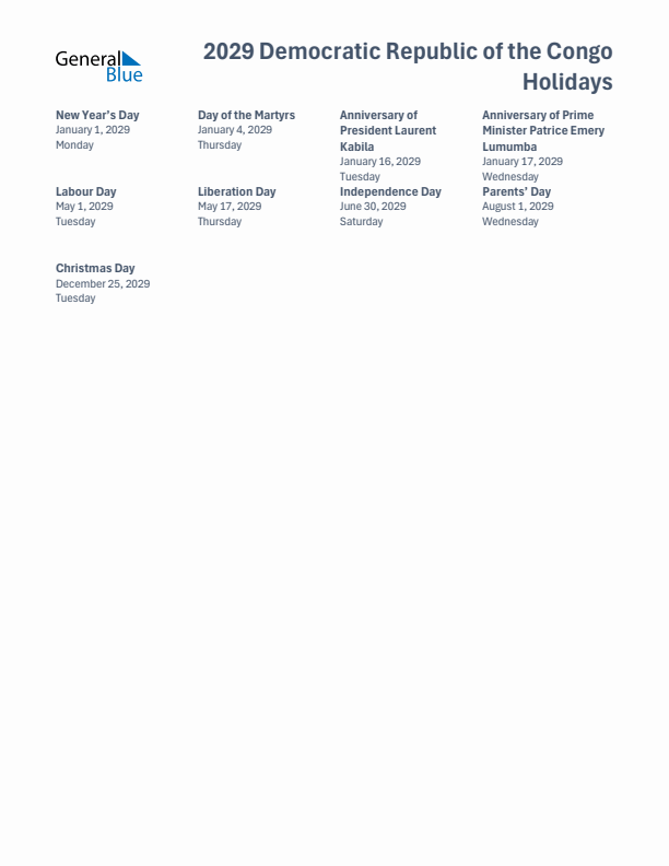 Free printable list of Democratic Republic of the Congo holidays for year 2029