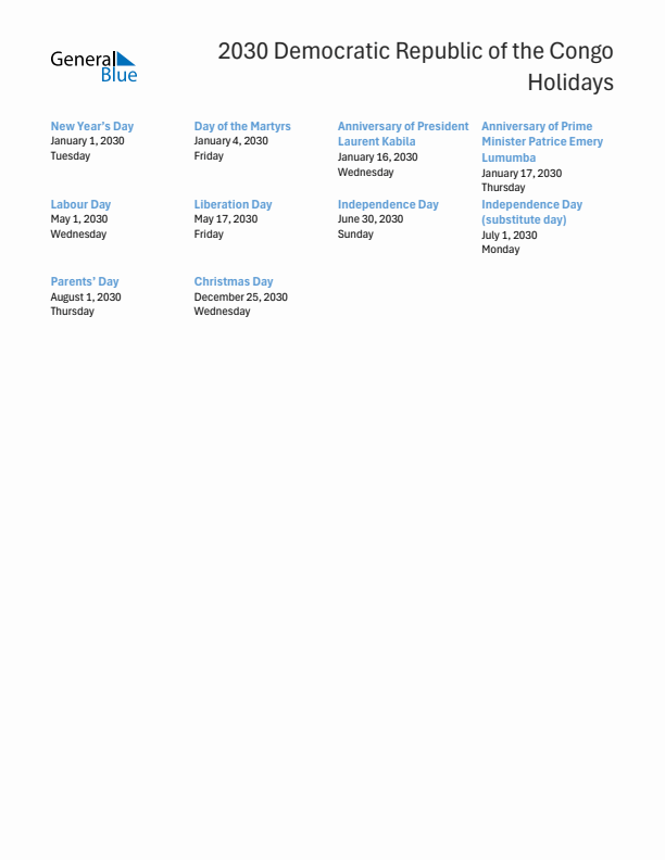 Free printable list of Democratic Republic of the Congo holidays for year 2030