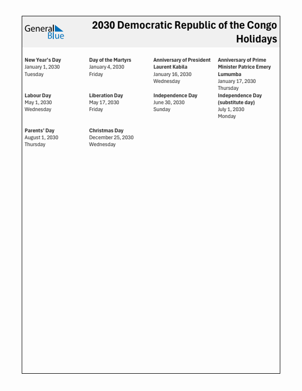 Free printable list of Democratic Republic of the Congo holidays for year 2030