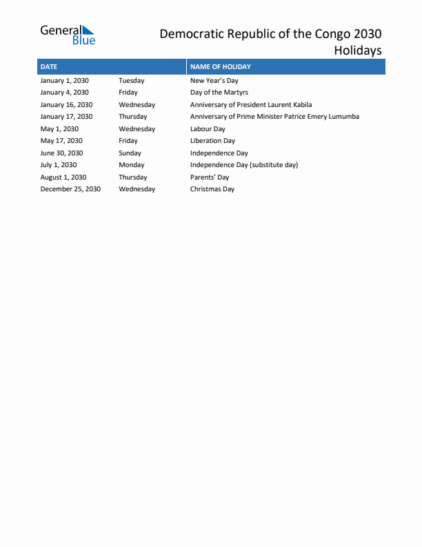Free printable list of Democratic Republic of the Congo holidays for year 2030