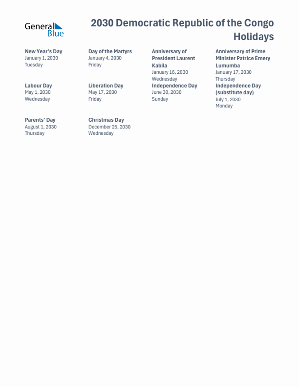 Free printable list of Democratic Republic of the Congo holidays for year 2030