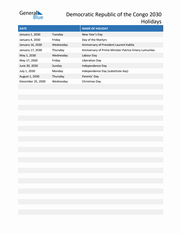 Free printable list of Democratic Republic of the Congo holidays for year 2030