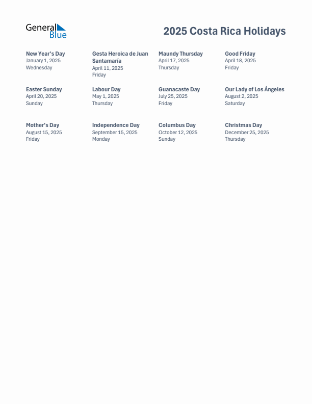 2025 Costa Rica List of Holidays in PDF, Word, and Excel