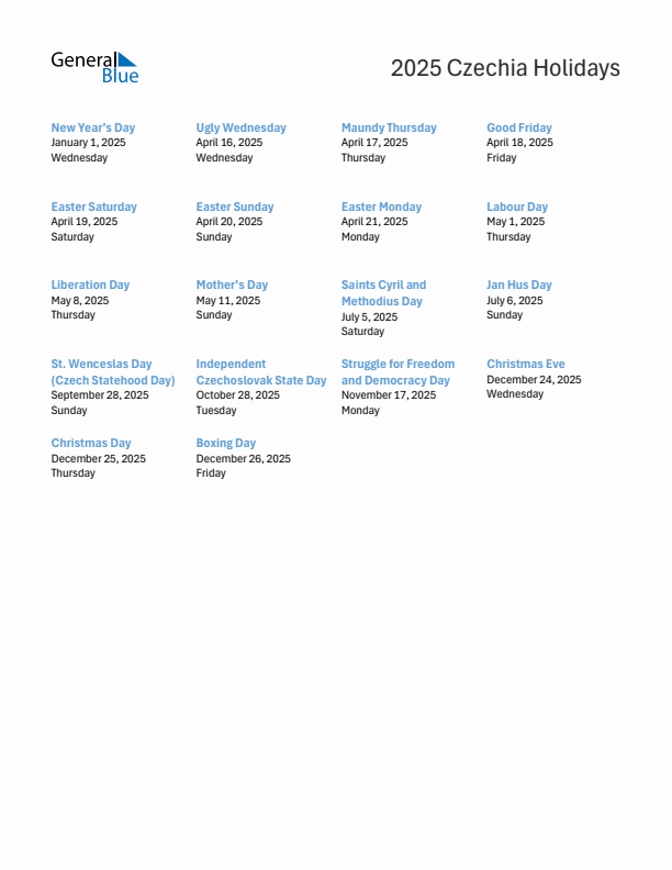 Free printable list of Czechia holidays for year 2025