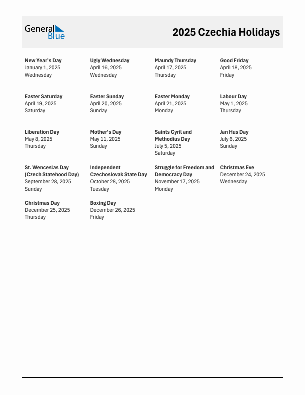 Free printable list of Czechia holidays for year 2025