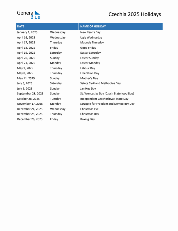 Free printable list of Czechia holidays for year 2025
