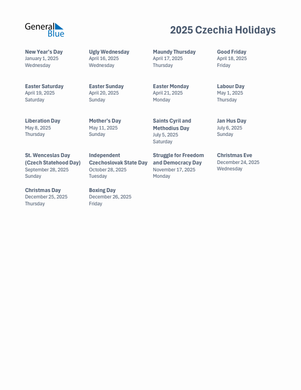 Free printable list of Czechia holidays for year 2025