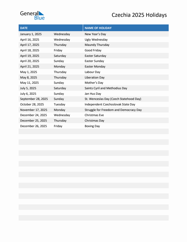 Free printable list of Czechia holidays for year 2025