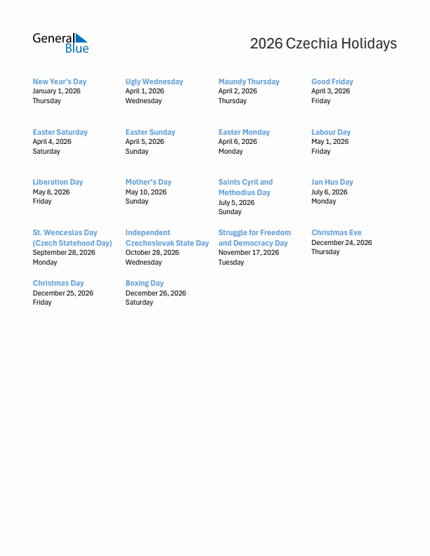 Free printable list of Czechia holidays for year 2026