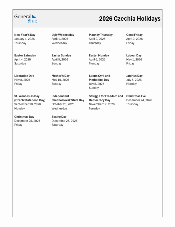 Free printable list of Czechia holidays for year 2026