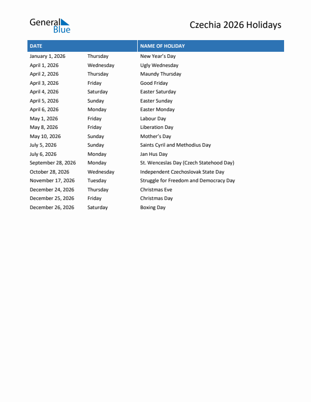 Free printable list of Czechia holidays for year 2026