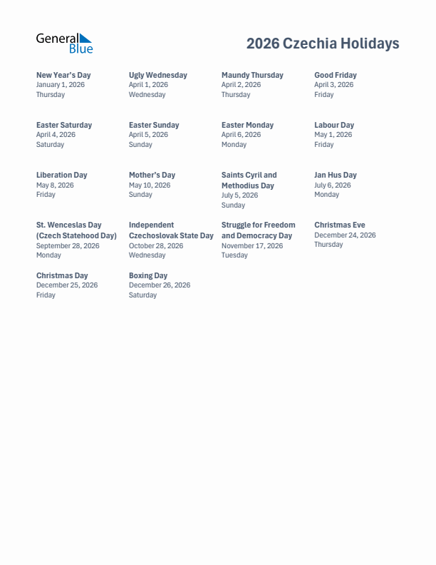 Free printable list of Czechia holidays for year 2026