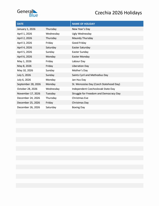Free printable list of Czechia holidays for year 2026