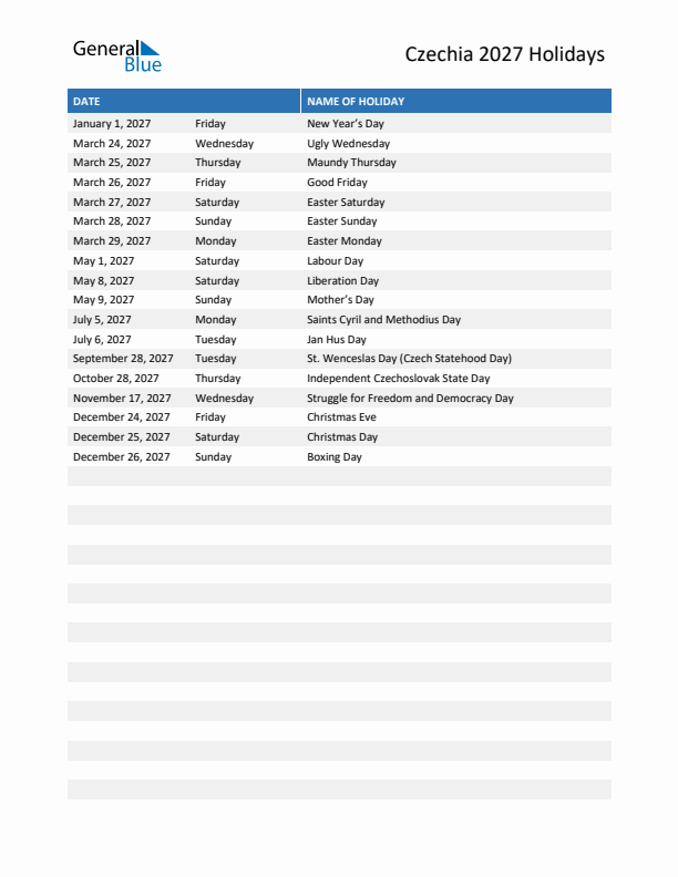 Free printable list of Czechia holidays for year 2027