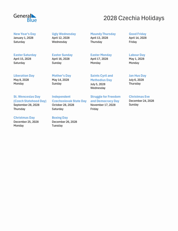 Free printable list of Czechia holidays for year 2028