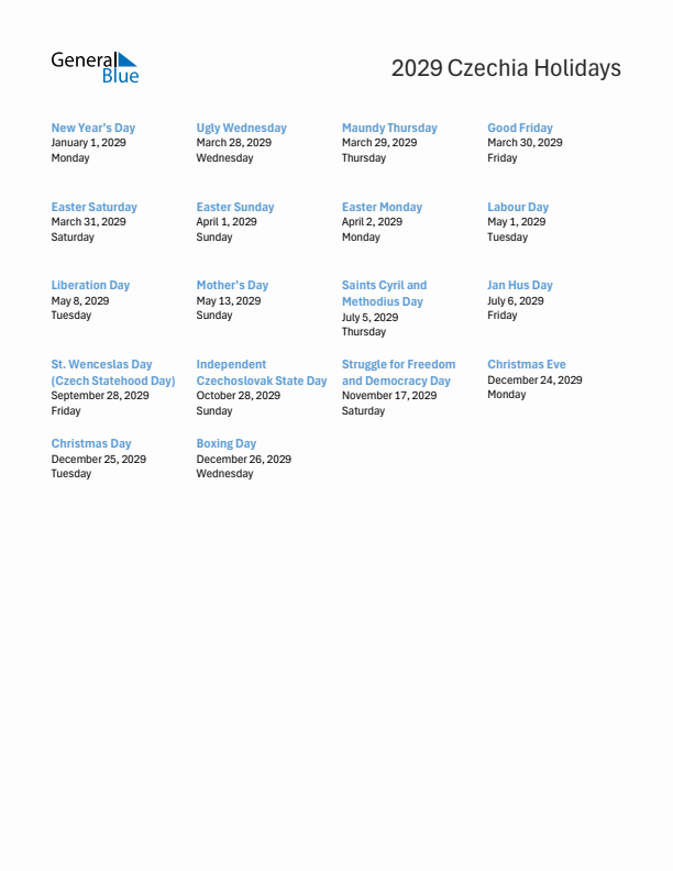 Free printable list of Czechia holidays for year 2029