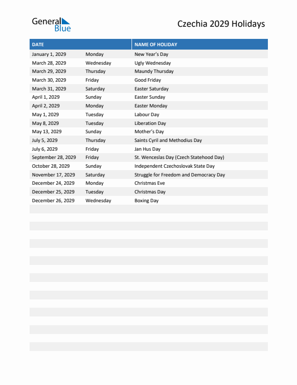 Free printable list of Czechia holidays for year 2029