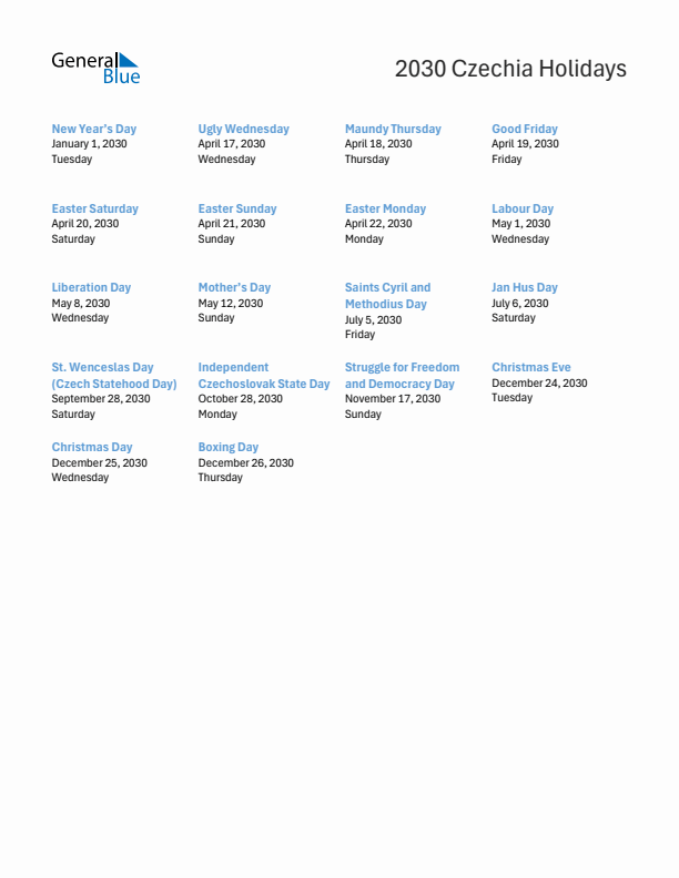 Free printable list of Czechia holidays for year 2030